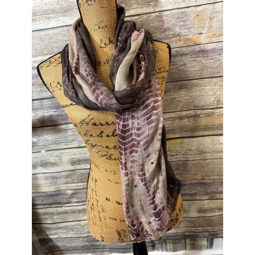 Brown Mauve Tie Dye Sequin Accent Sheer Lightweight Rectangular Scarf Shawl